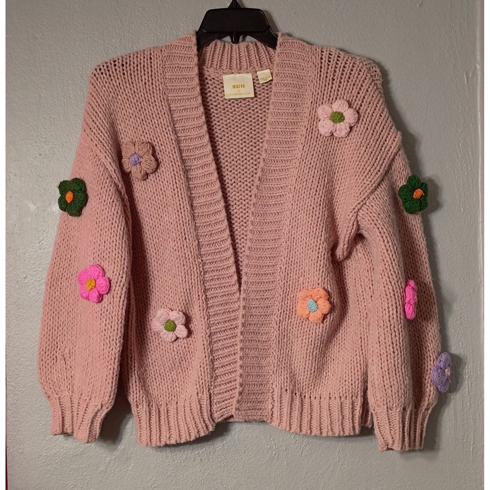 Maeve Anthropologie Chunky 3D Flower Knit Cardigan O/S‎ Pink Sweater Has Flaw